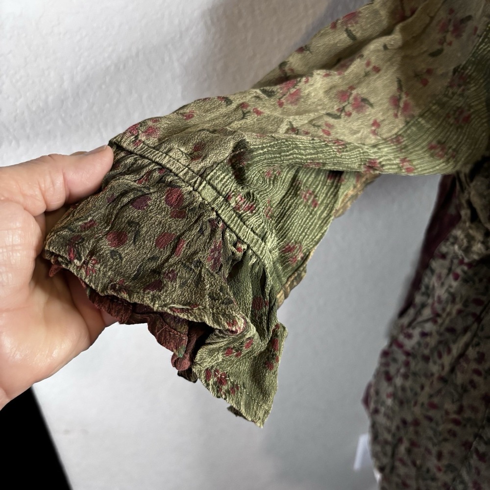 Boho Velvet Patchwork V-Neck Blouse in Olive & Burgundy - Picture 3 of 16